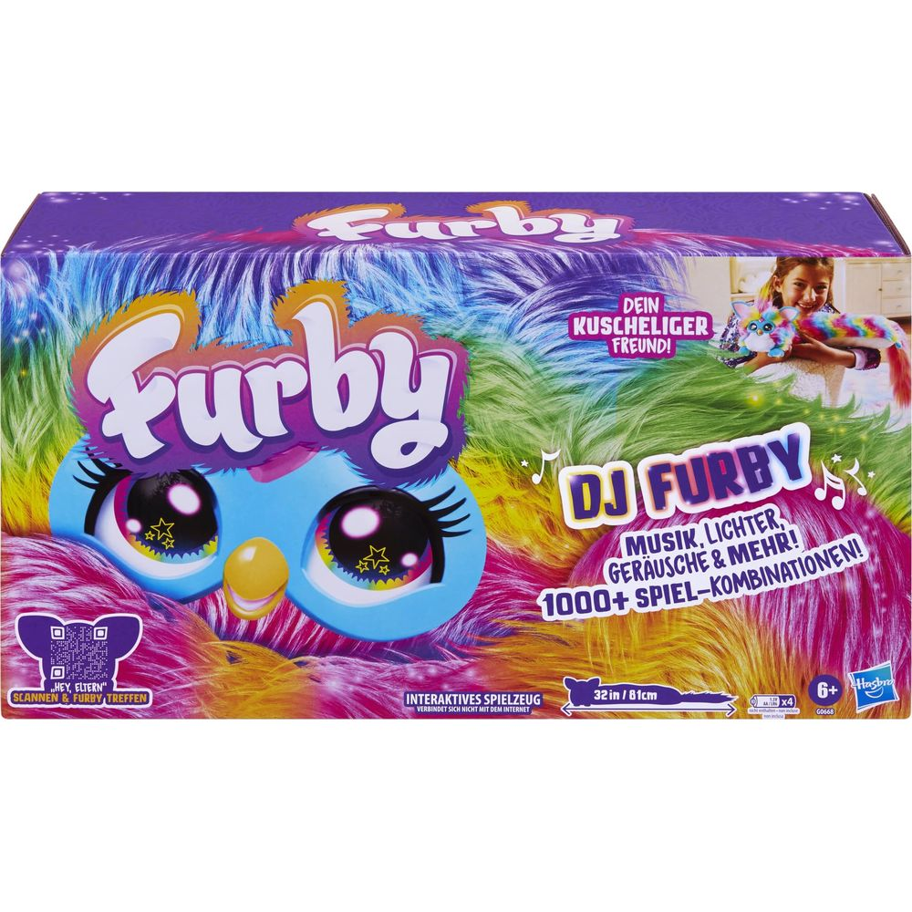 Verpackung für DJ Furby Spielzeug mit bunten Haaren und einem niedlichen Gesicht.