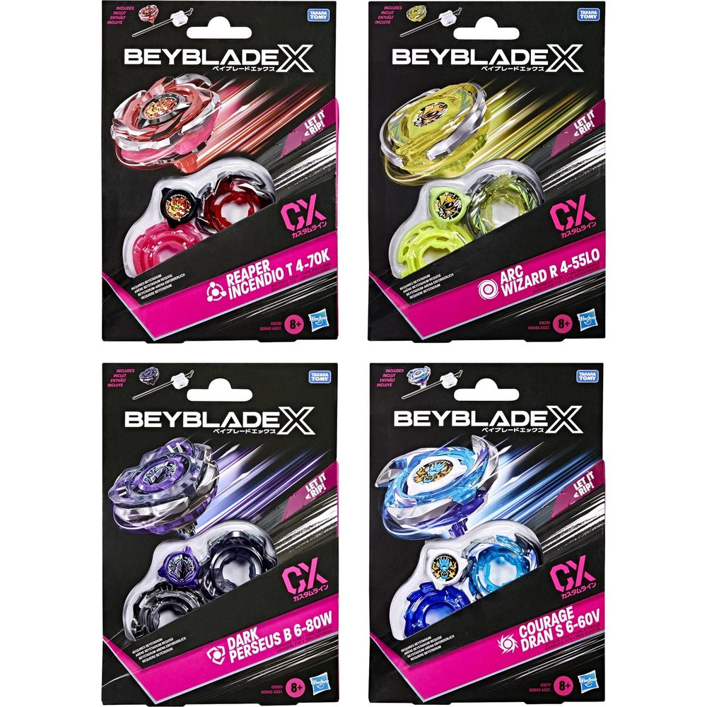 Vier Beyblade X Spielzeugpackungen: Rot, Gelb, Lila und Blau.
