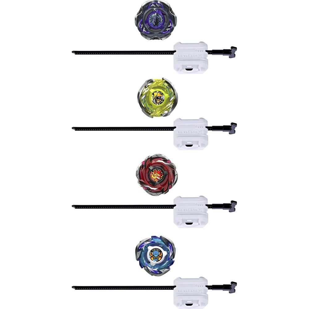 Vier Beyblade-Kreisel in Lila, Gelb, Rot und Blau mit ihren Startern auf weißem Hintergrund.
