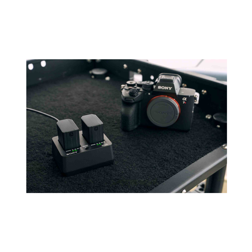 Caricabatterie doppio Sony e fotocamera Sony su tappeto nero.