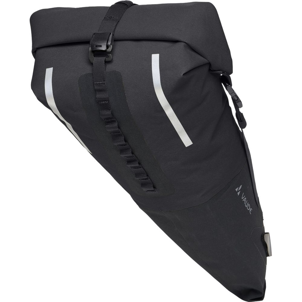 Schwarze Fahrradtasche mit reflektierenden Streifen und Schnallenverschluss.