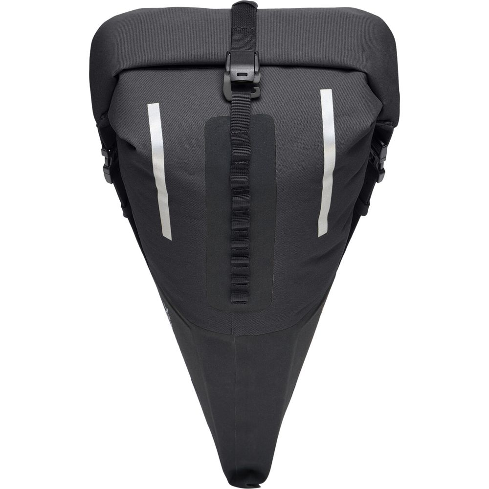 Schwarze Fahrradtasche mit Reflexstreifen und Riemen.