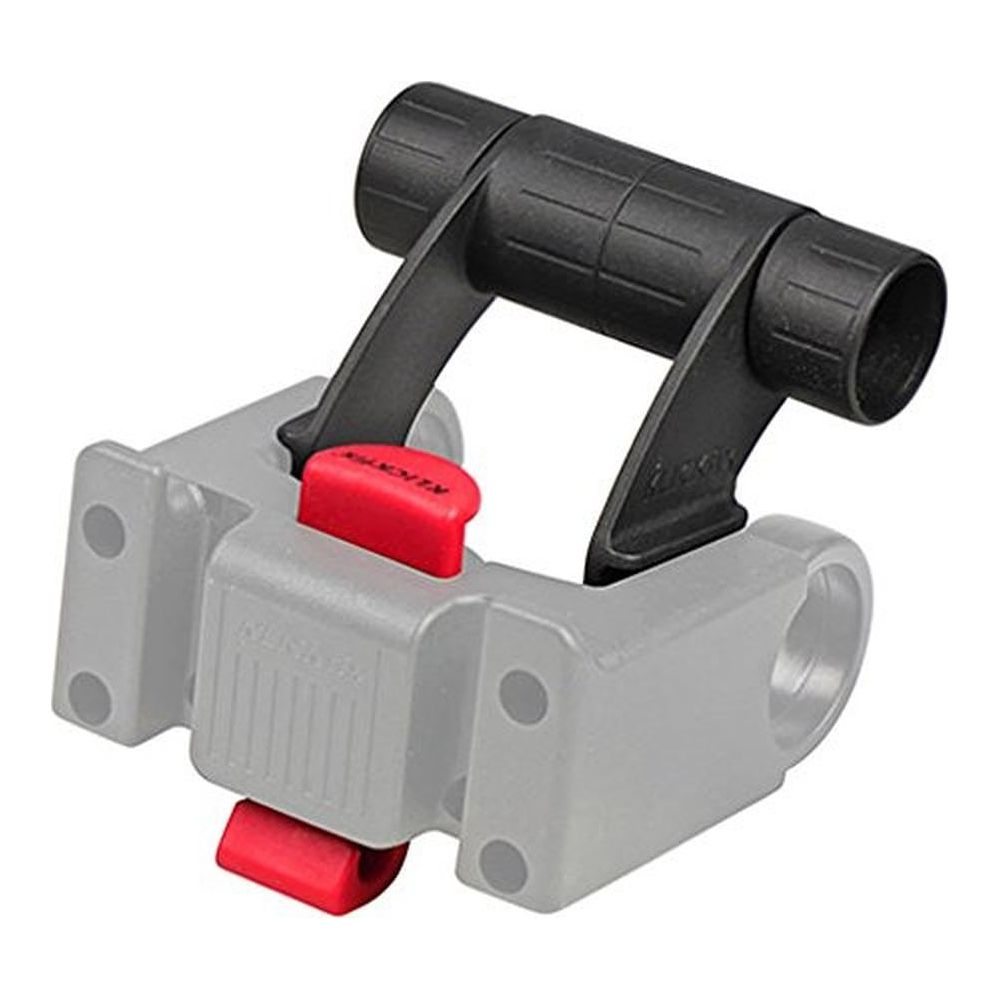 Ein grauer Klick-Adapter mit schwarzem Griff und roten Knöpfen.