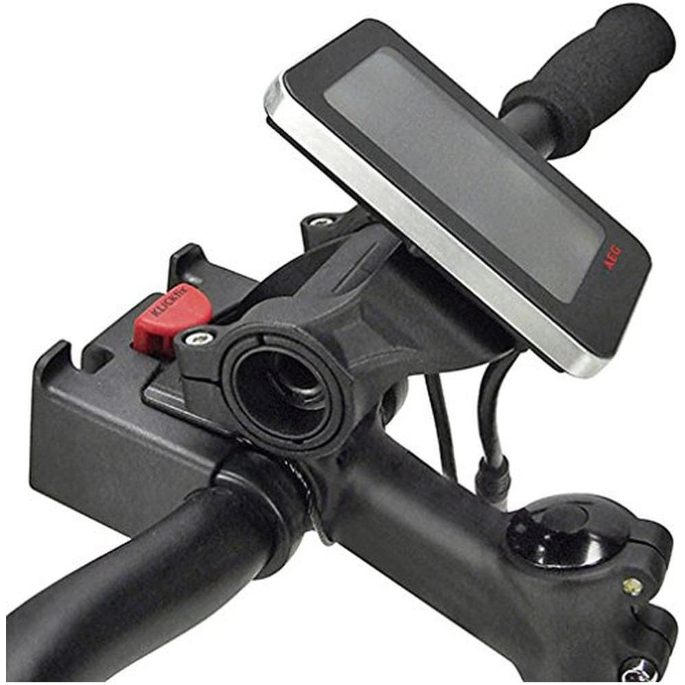 Fahrrad-Display mit schwarzem Griff und rotem Knopf.