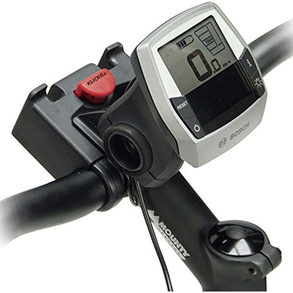 Bosch E-Bike Display mit Klickfix-Halterung und rotem Knopf.