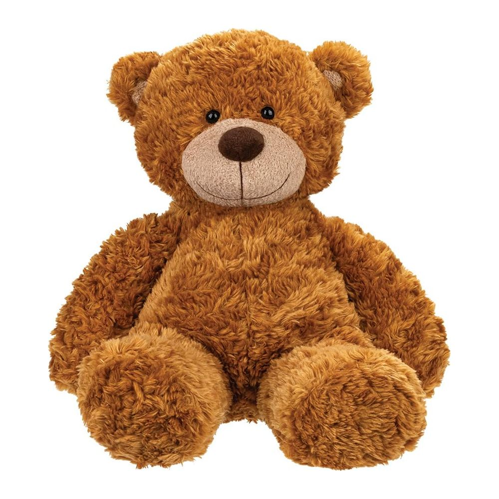 Ein brauner Teddybär mit einem lächelnden Gesicht sitzt aufrecht.