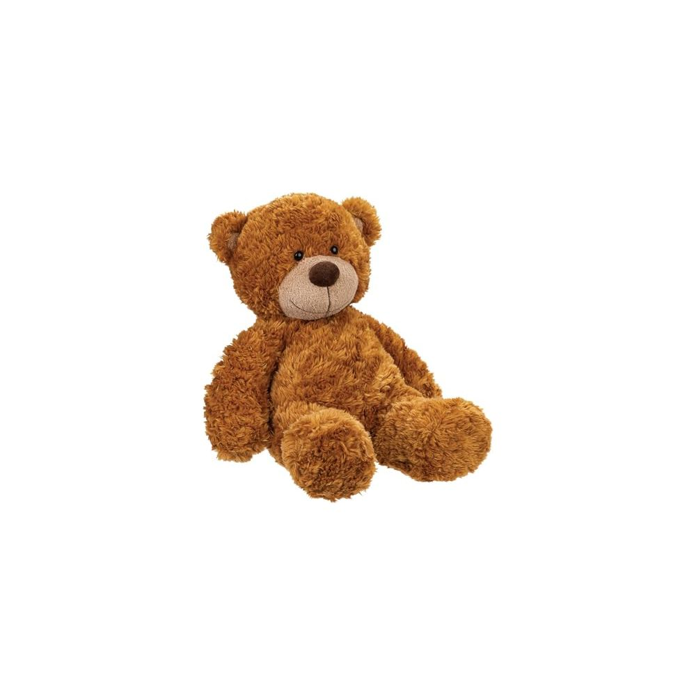 Ein brauner Teddybär sitzt aufrecht, mit leicht geneigtem Kopf.