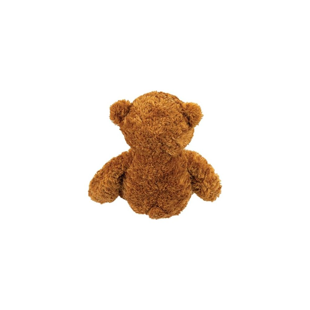 Ein brauner Teddybär von hinten auf weißem Hintergrund.