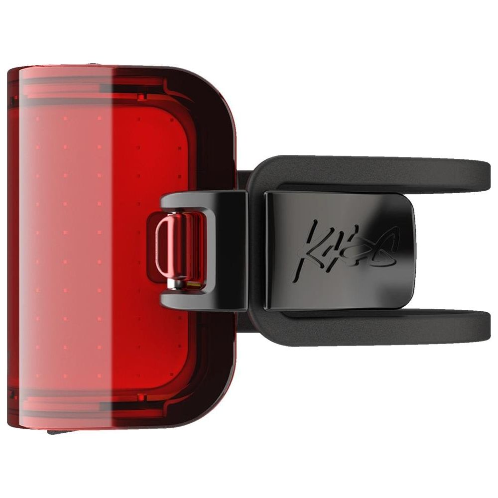 Ein rotes Fahrradrücklicht mit schwarzem Halter und Logo.