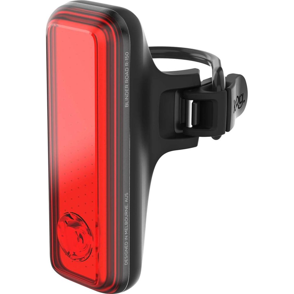 Ein rotes Fahrradrücklicht mit schwarzem Befestigungsclip. Beschriftung: BLINDER ROAD R-150.