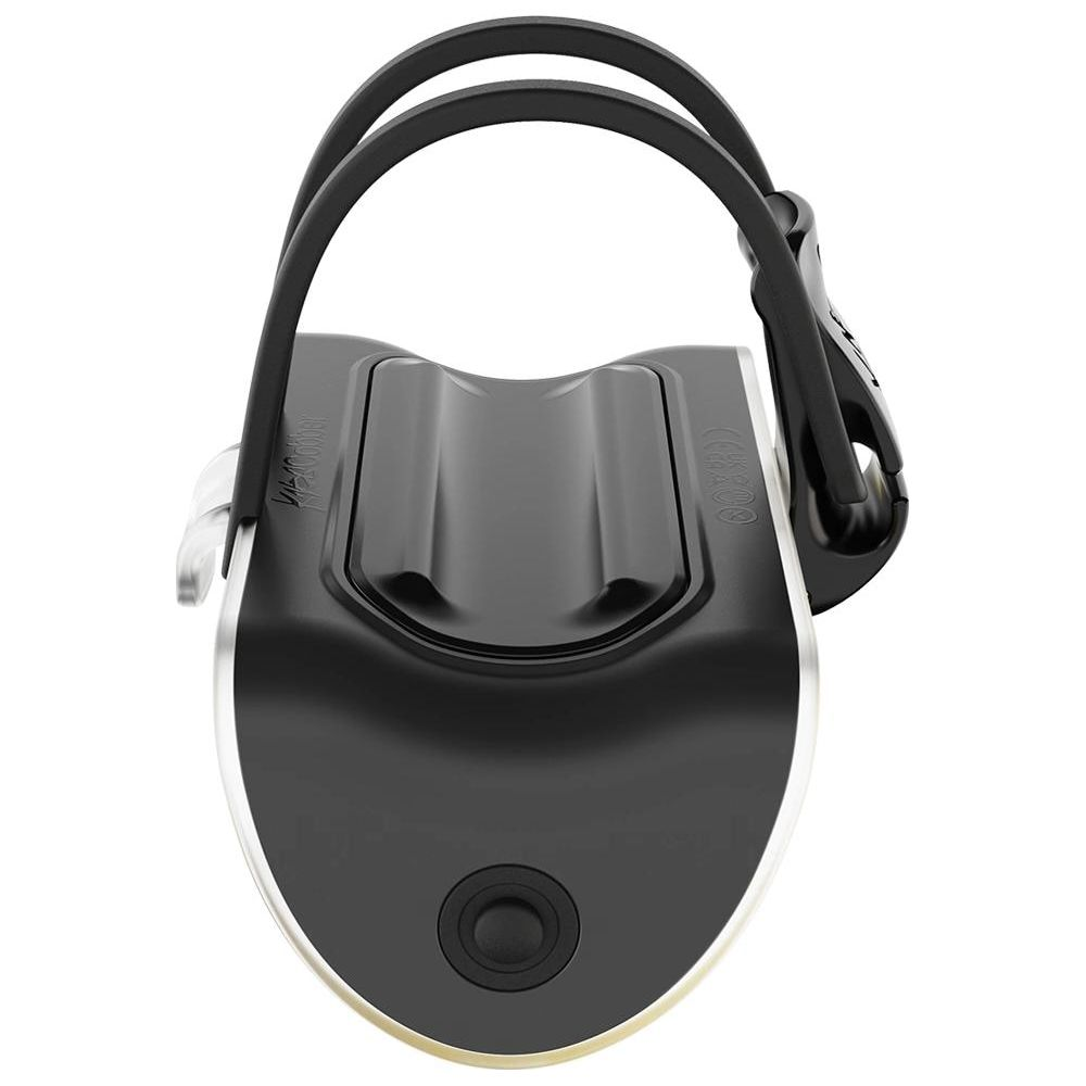 Schwarzer Fahrradhalter mit Gummihalterungen und einem Knopf.