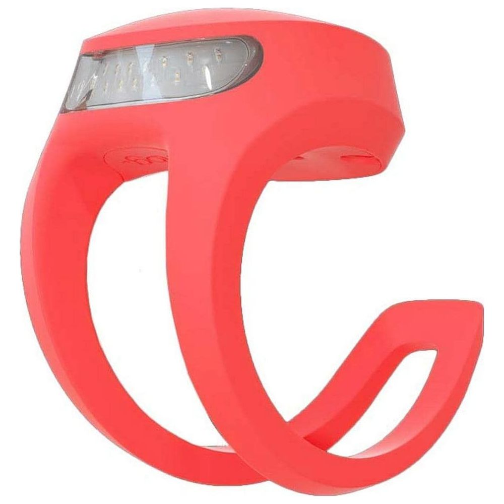 Ein leuchtend rotes Fahrradlicht mit mehreren LEDs auf weißem Hintergrund.