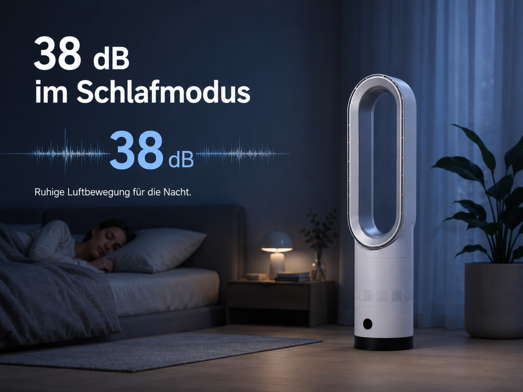 Ein Ventilator steht neben einem Bett, auf dem eine Frau schläft. 38 dB im Schlafmodus.