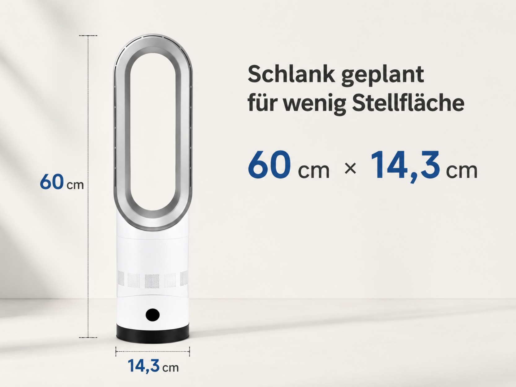 Ein schlanker, weißer Turmventilator mit silbernem Ring, Maße 60x14,3cm.