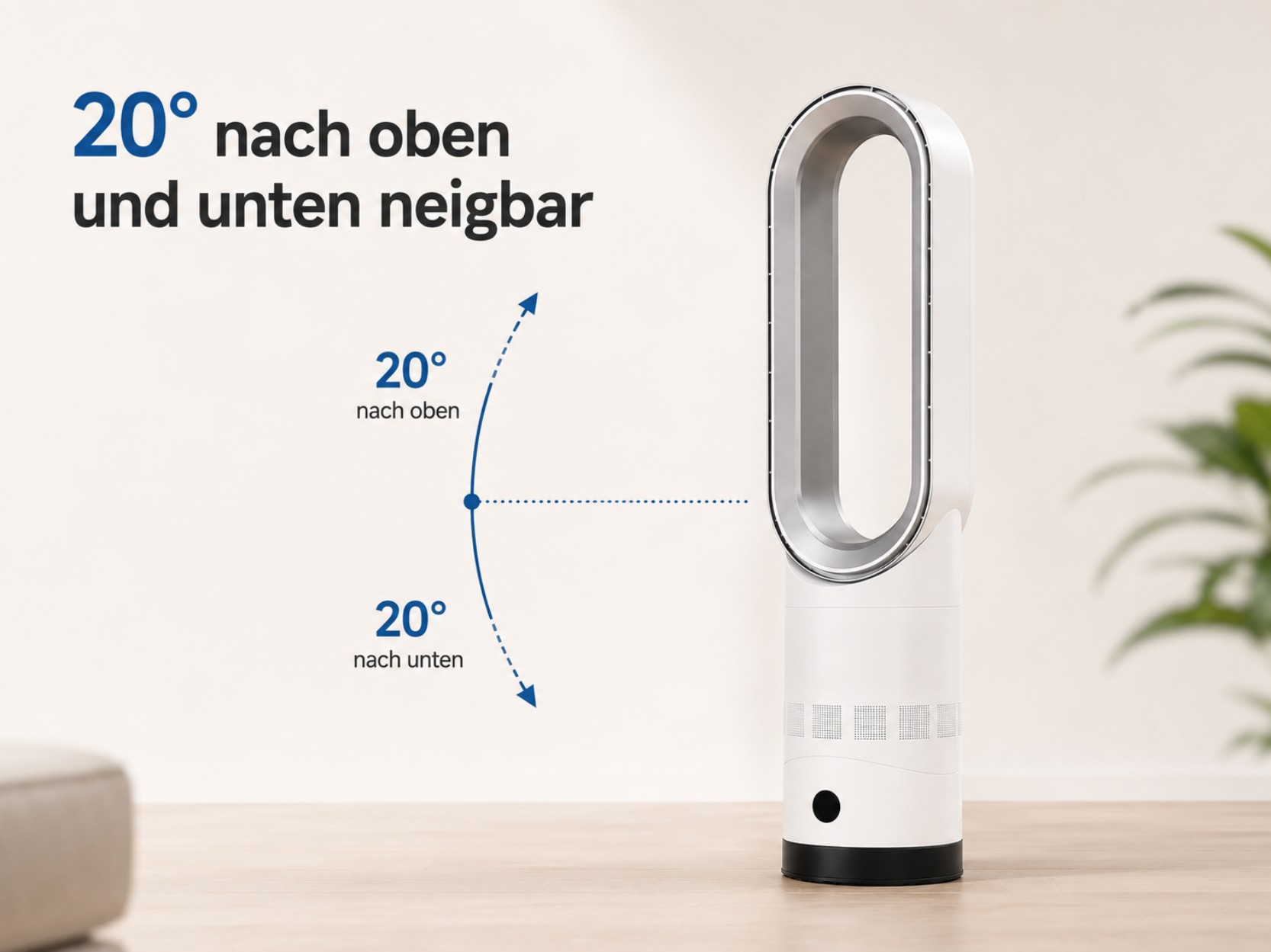 Ein weißer Turmventilator mit silbernem Ring, 20 Grad nach oben und unten neigbar.