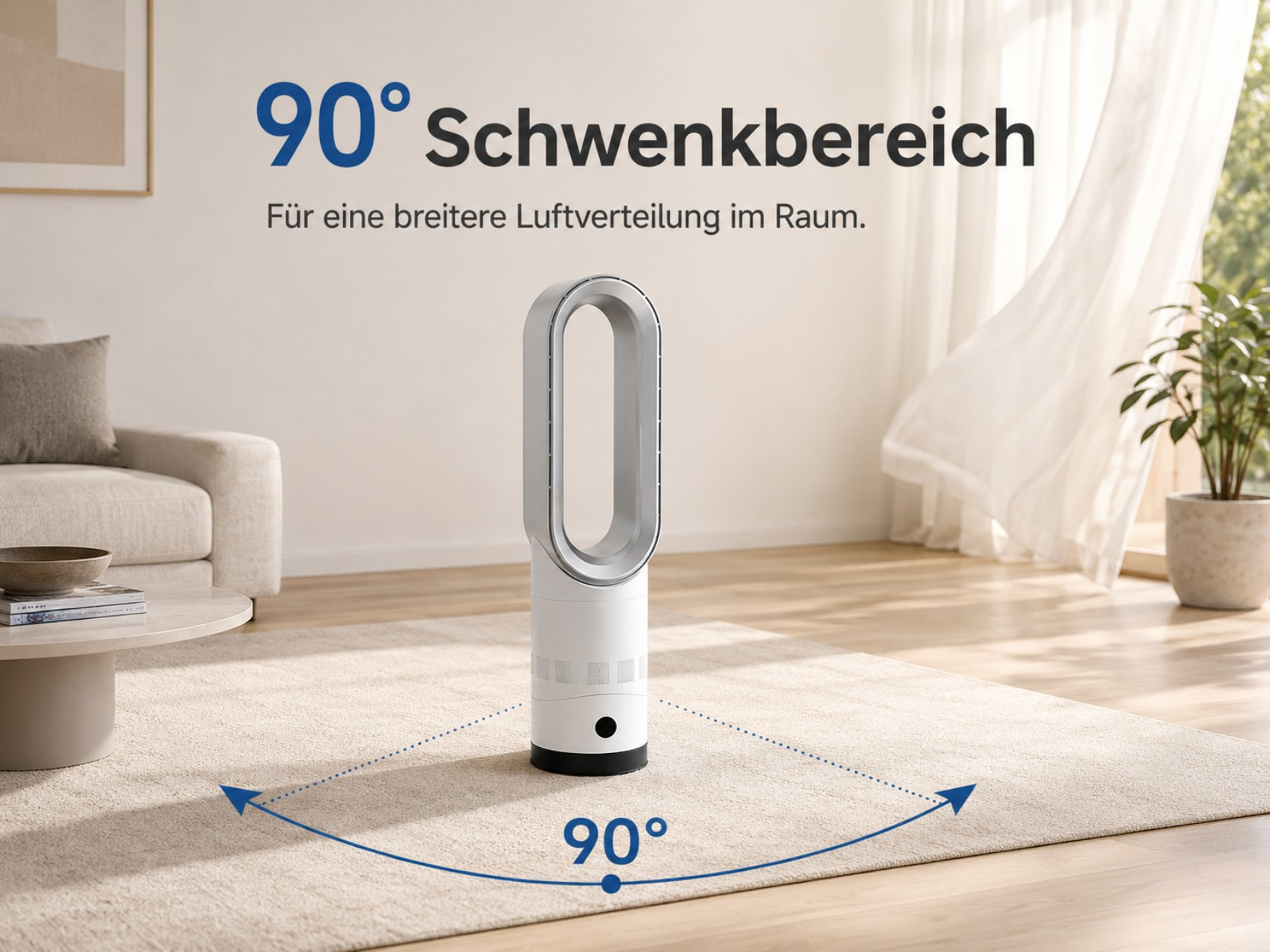 Ein weißer Ventilator steht auf einem Teppich, mit einer 90-Grad-Schwankungsanzeige.