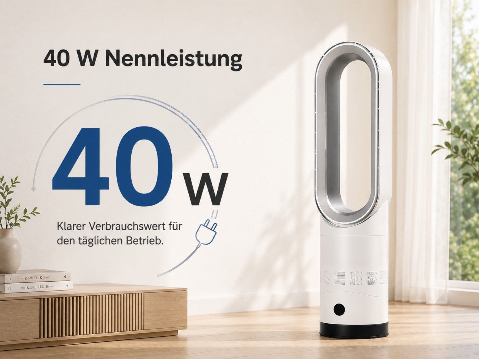 Ein weißer Turmventilator mit silbernem Rand steht neben einem Fenster. "40 W Nennleistung" steht daneben.