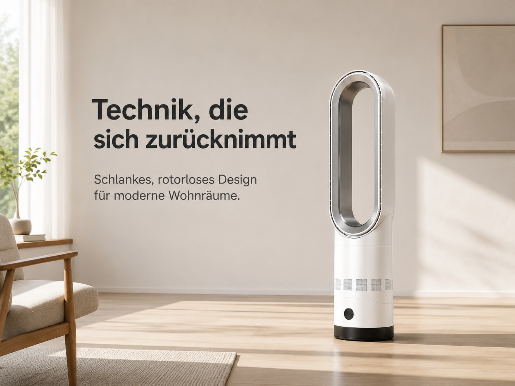 Ein weißer, blattloser Ventilator steht in einem hellen Raum neben einem Sessel.