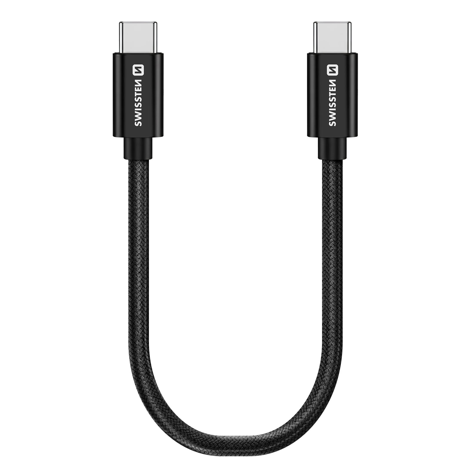 Un cable USB-C negro con dos conectores y letras blancas.