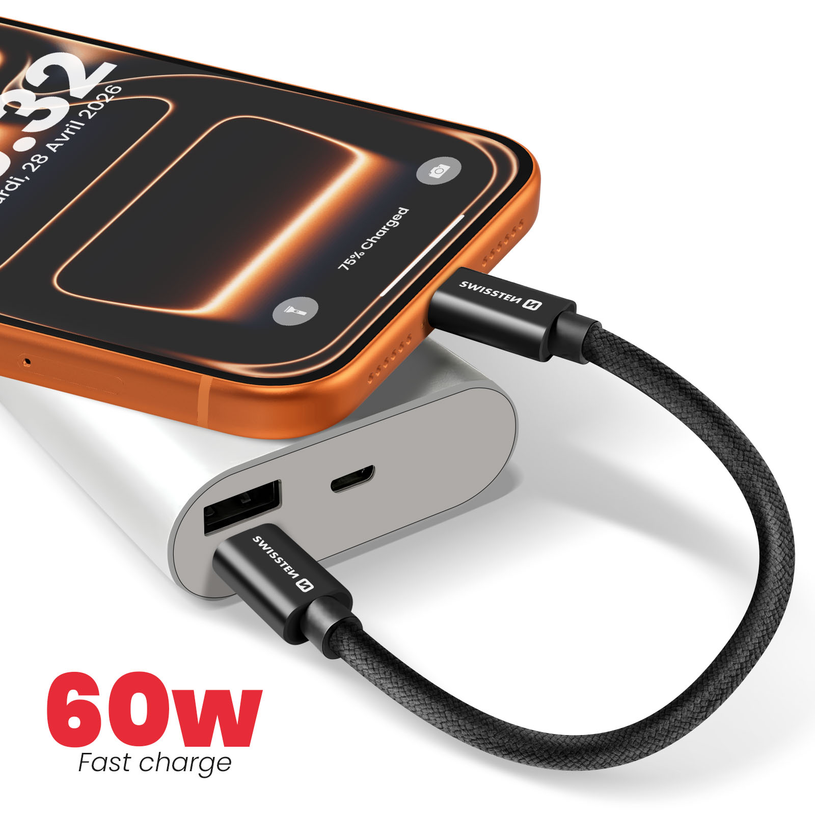 Un smartphone naranja se carga mediante un cable negro conectado a un power bank blanco.