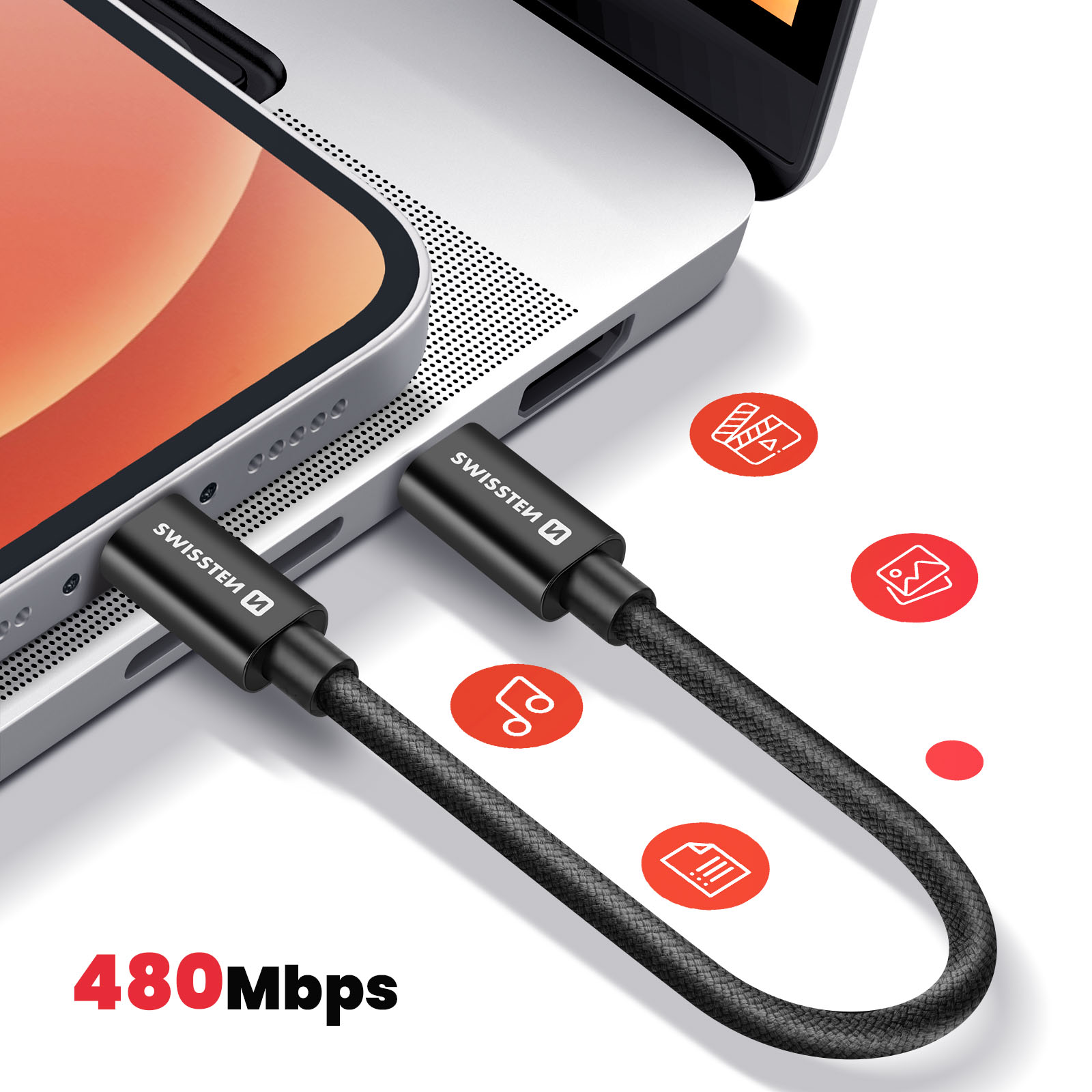 Cable negro conectando portátil y smartphone. Iconos de película, música e imágenes.