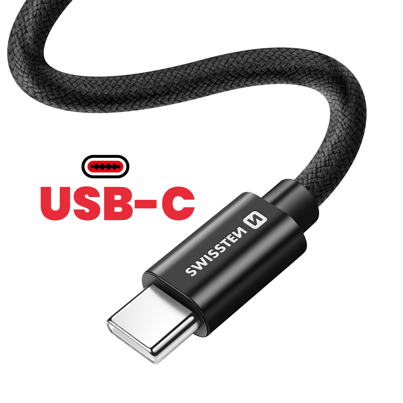 Cable USB-C negro con textura trenzada y conector plateado. Texto blanco 