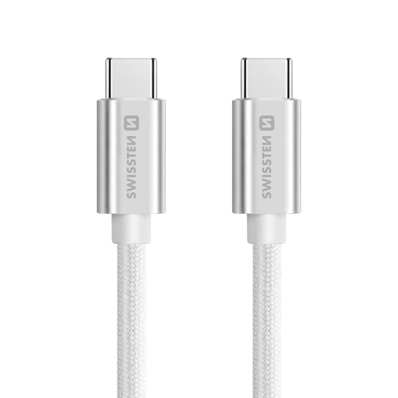 Dos cables USB-C blancos con conectores plateados y cordón trenzado.