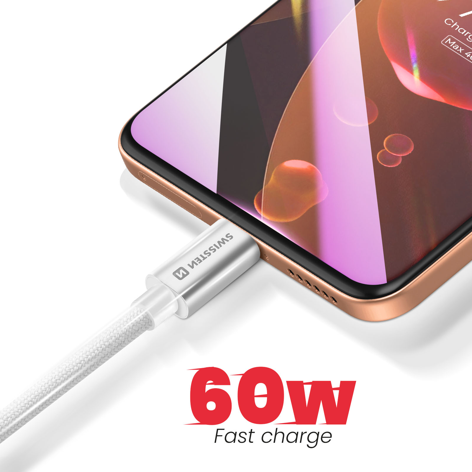 Un cable de carga plateado se conecta a un smartphone de oro rosa.