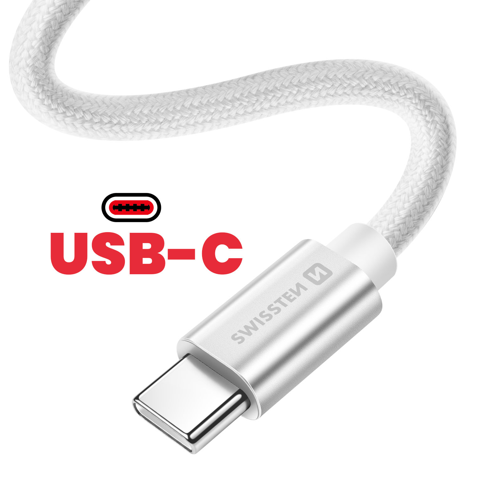 Cable USB-C blanco con conector plateado y logo rojo.