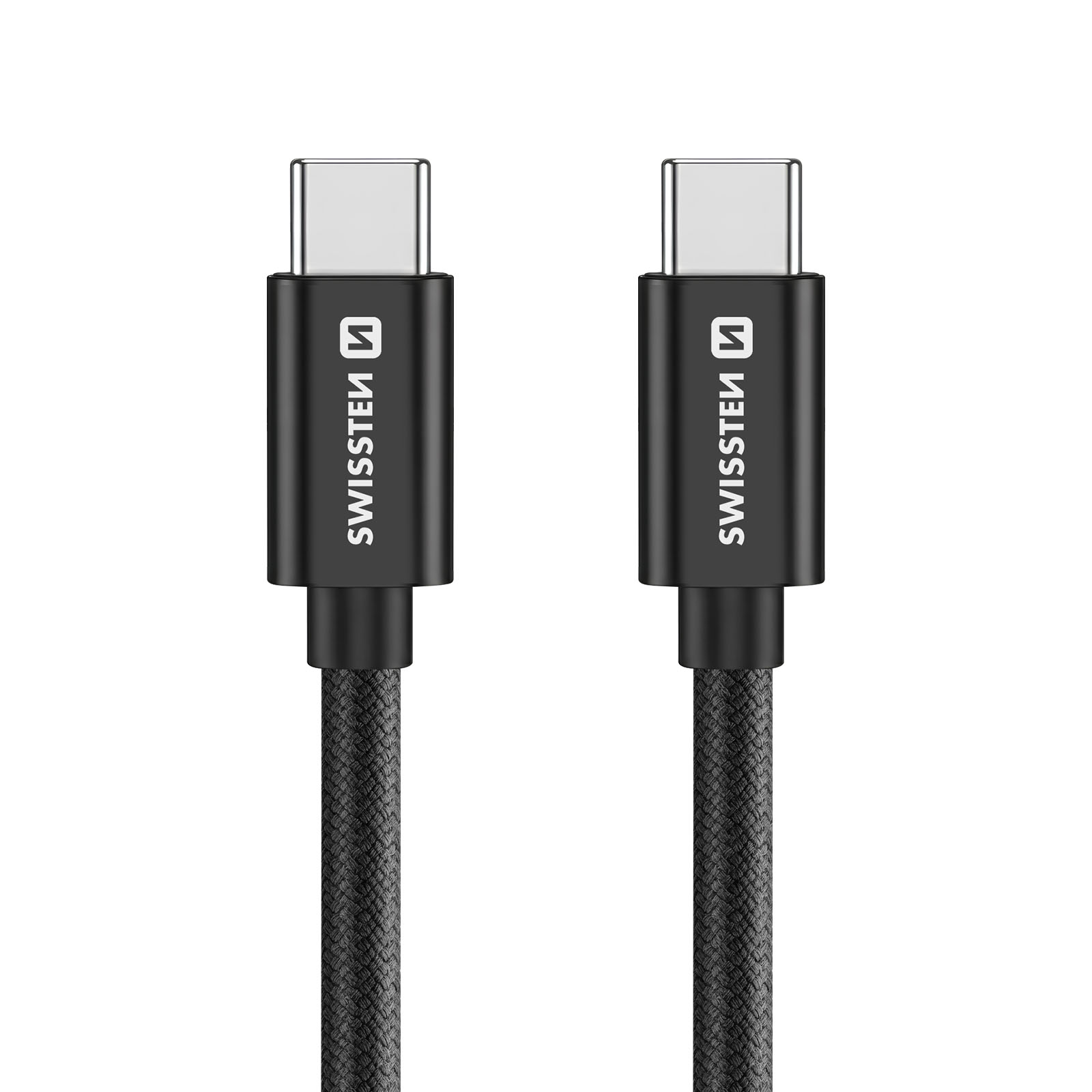 Dos cables USB-C negros con eje trenzado y conector plateado.