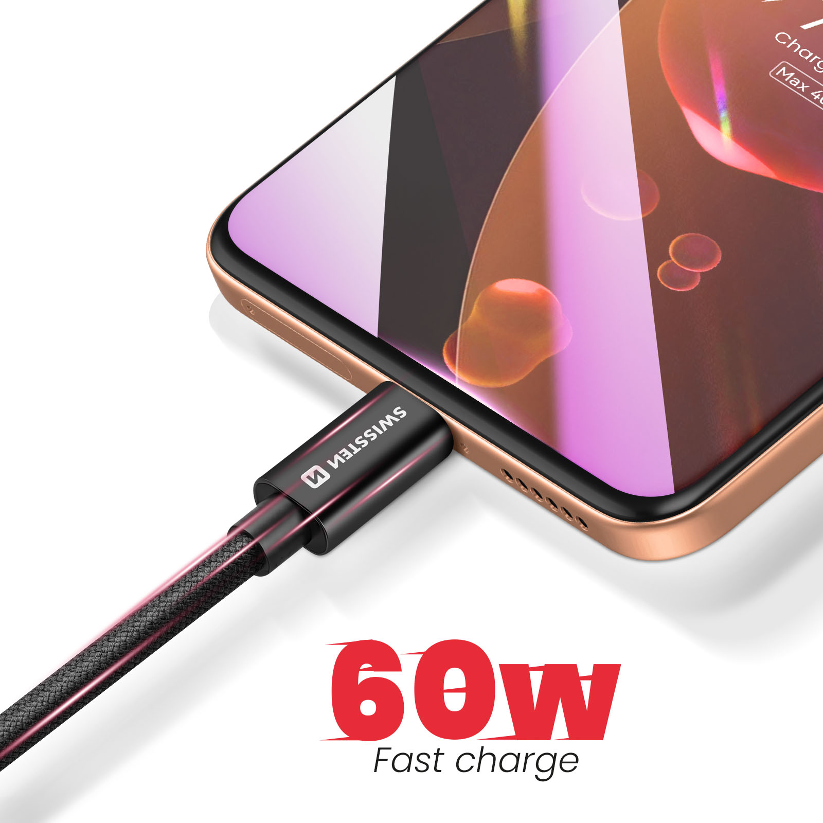 Un cable de carga negro con acento rojo se conecta a un smartphone dorado.