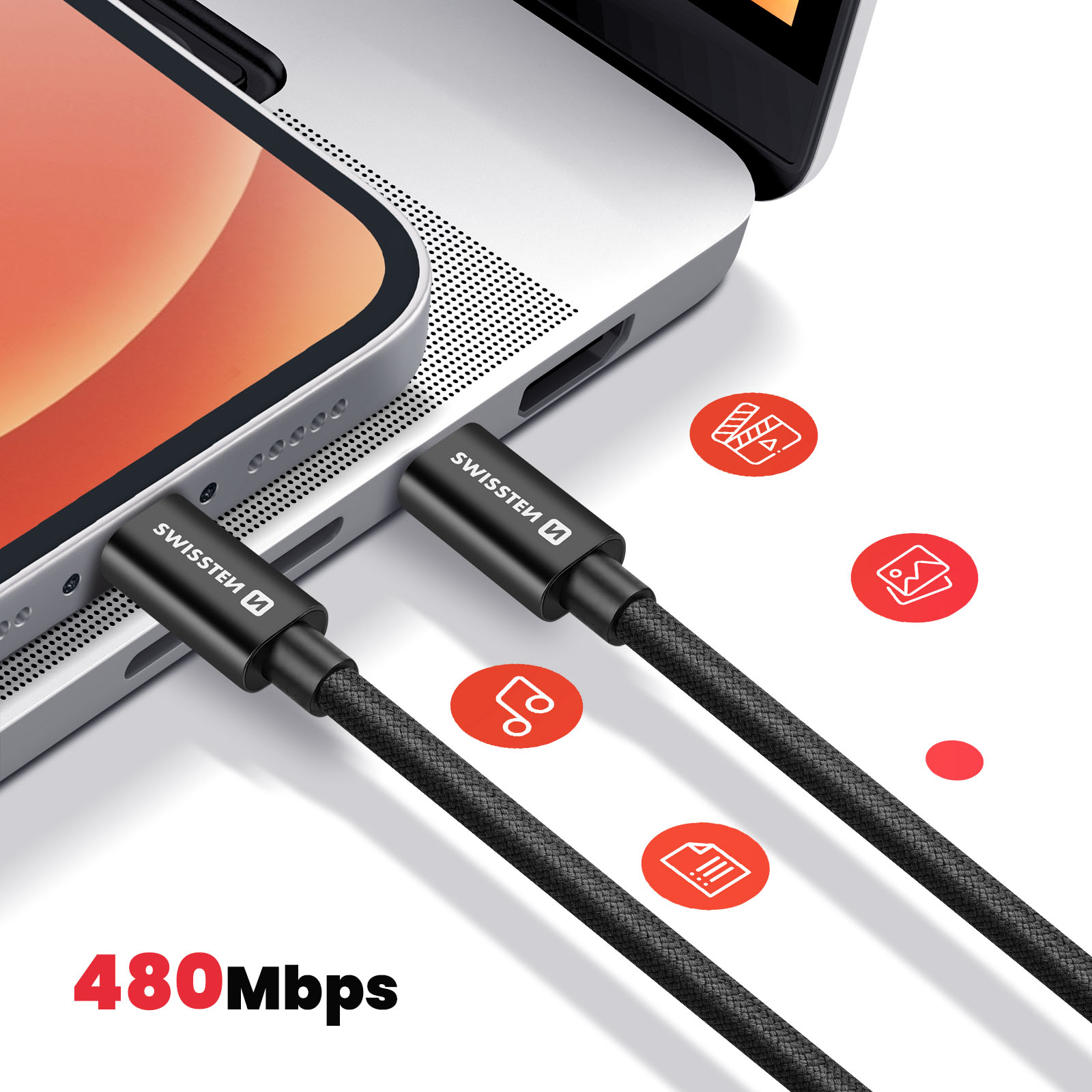 Cable negro SWISSTEN conecta un smartphone a un portátil. 480 Mbps.