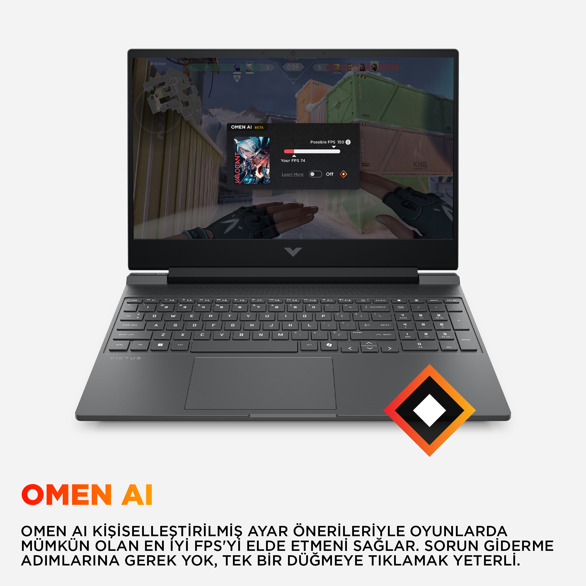Valorant için FPS optimizasyonu gösteren OMEN AI yazılımlı dizüstü bilgisayar.