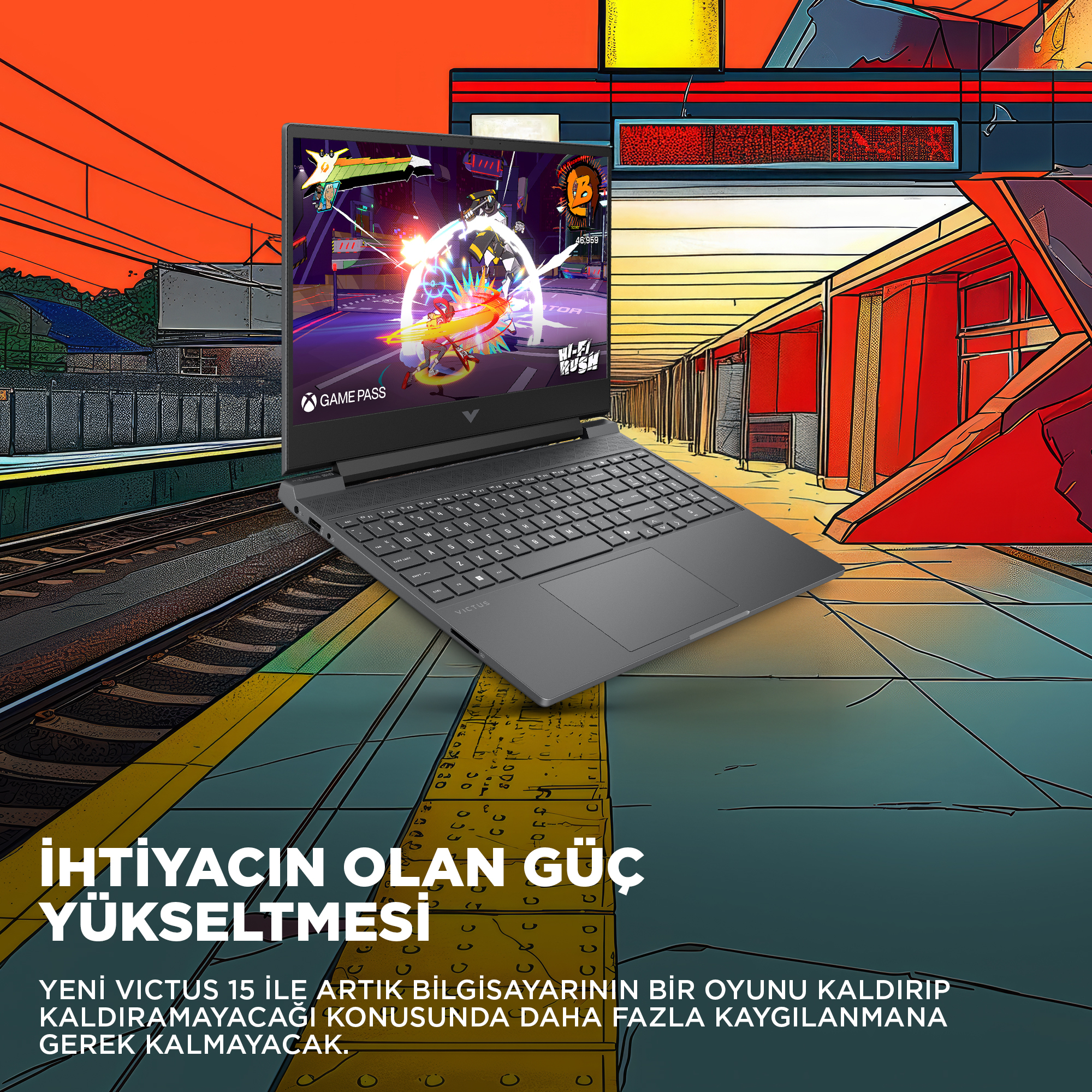 Renkli bir oyunun oynandığı gri HP Victus laptop bir tren platformunda duruyor.