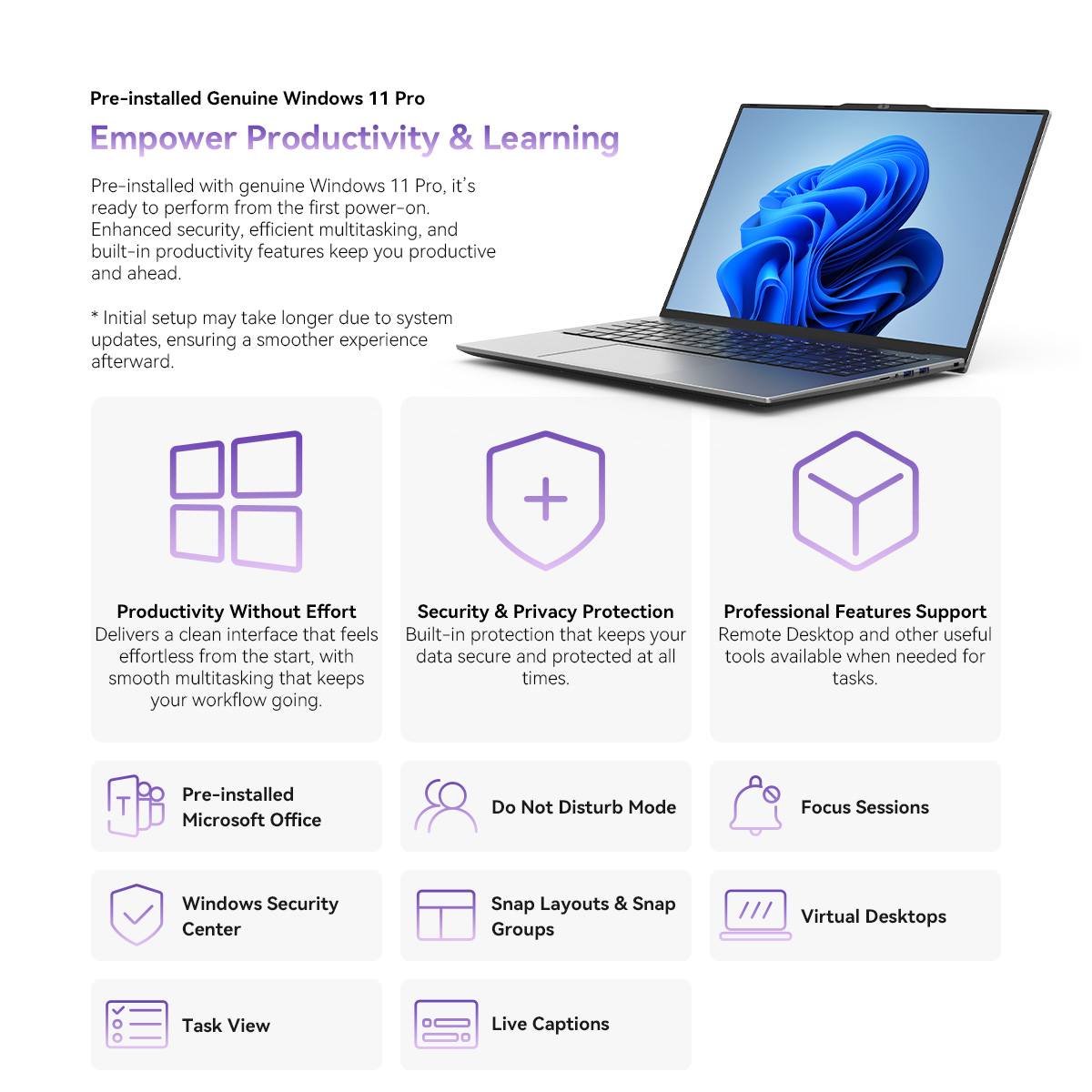 Un portátil con Windows 11 Pro para productividad y aprendizaje, con iconos de funciones.