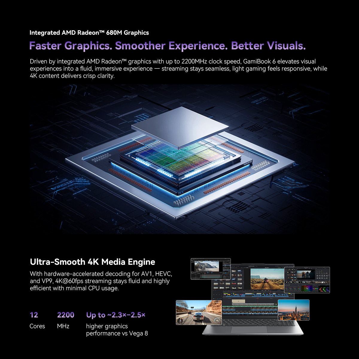 Un chip de computadora estilizado con iluminación azul, junto a un portátil mostrando software de edición de vídeo.