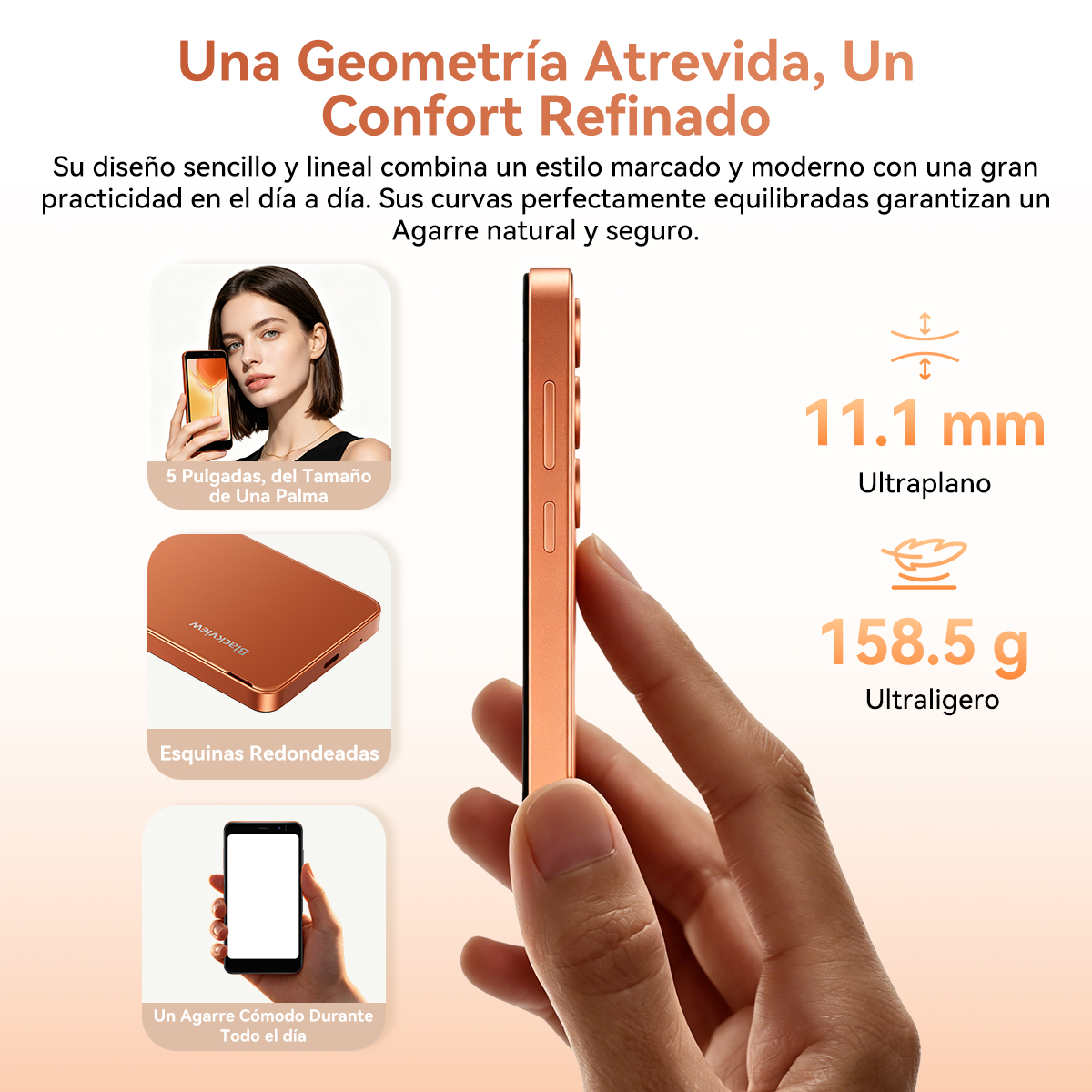 Un smartphone naranja es sostenido por una mano. Se enumeran las especificaciones.