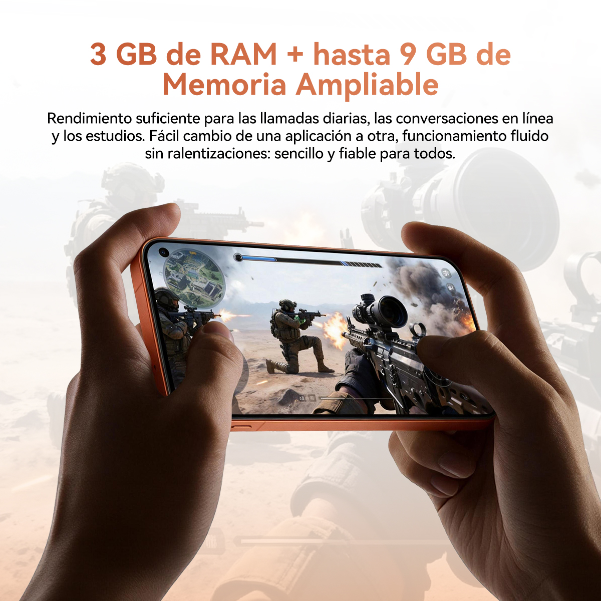 Manos sujetan teléfono naranja jugando a un juego de disparos con soldados y explosiones.