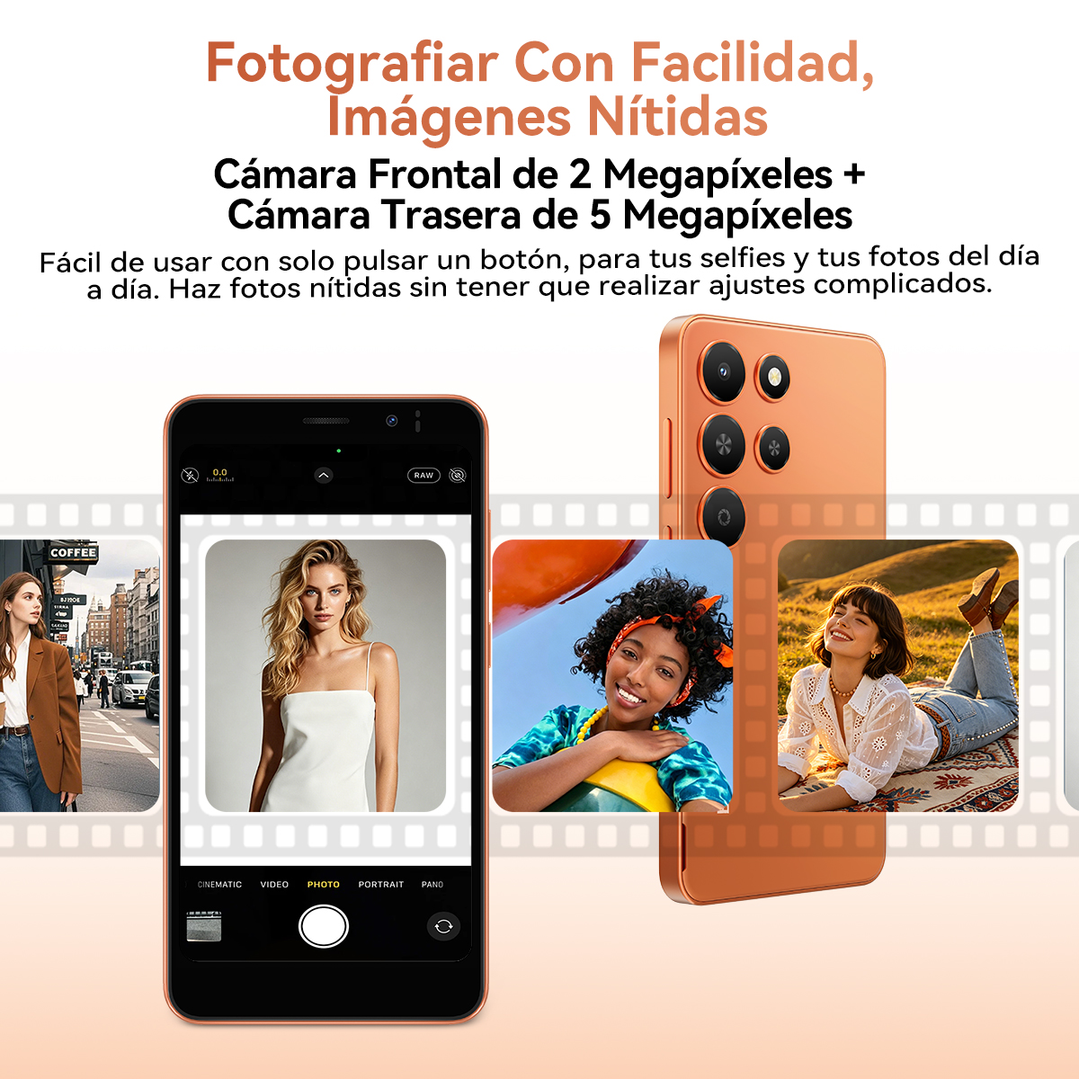 Un smartphone que muestra tres fotos de ejemplo: un retrato, un selfie y una foto exterior.