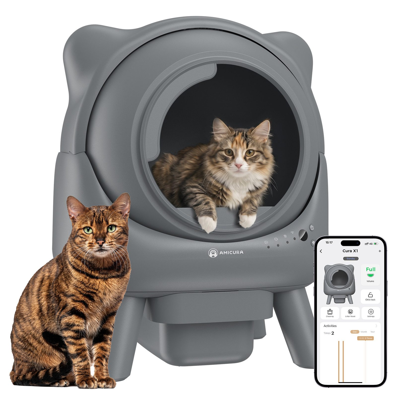 Caja de arena automática gris con dos gatos y un smartphone.