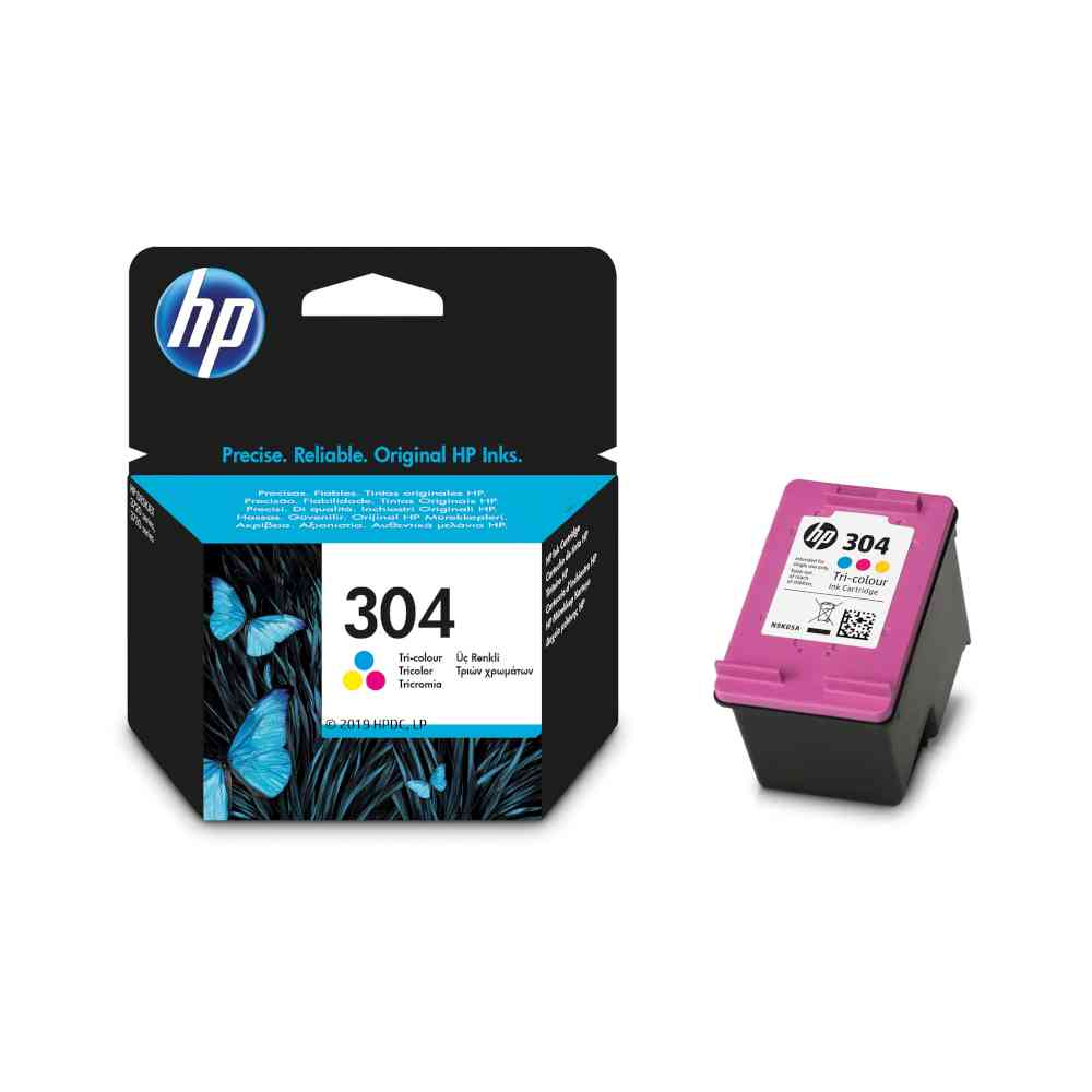HP 304 Üç Renkli mürekkep kartuşu ve kelebekli ambalajı.