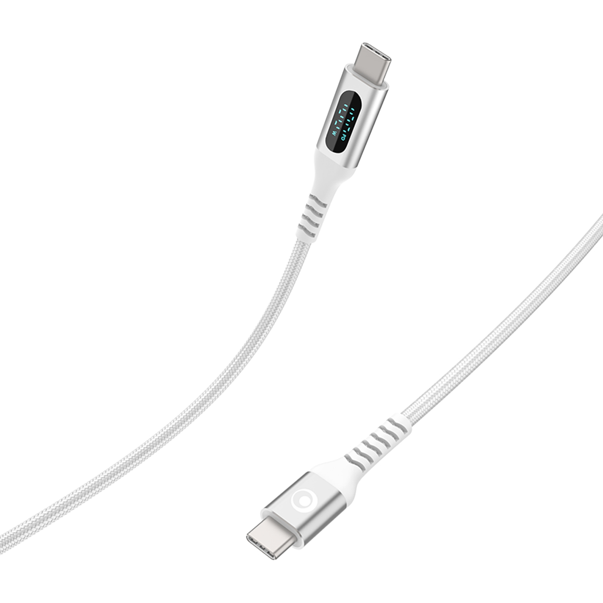 Un cavo USB-C bianco con connettori argentati e display digitale.