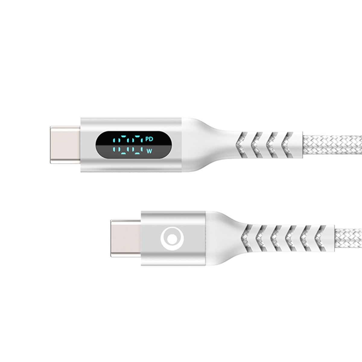 Cavo USB-C bianco con connettori argentati. Un connettore mostra un display digitale.