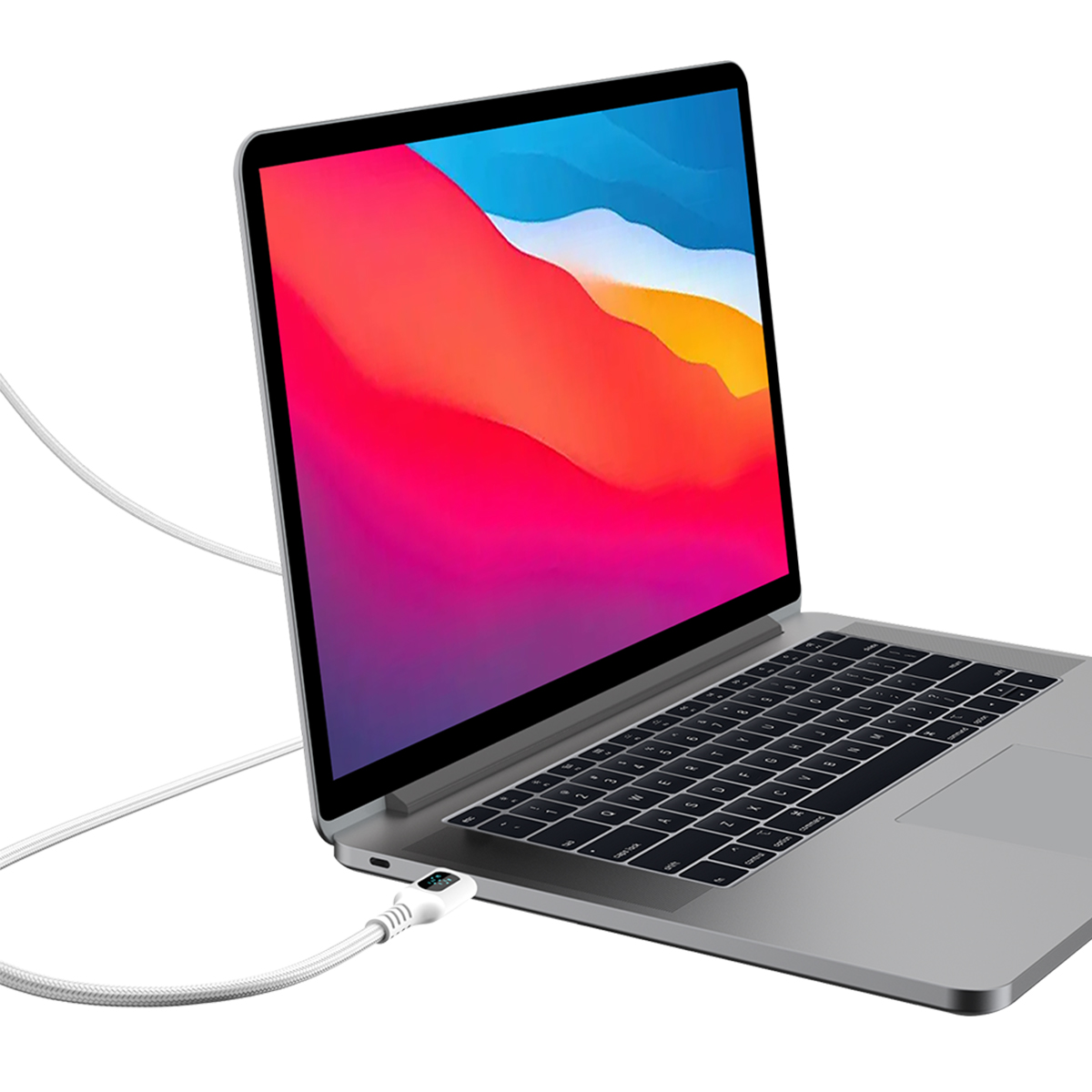 Un laptop argentato con sfondo colorato, in carica con cavo bianco.