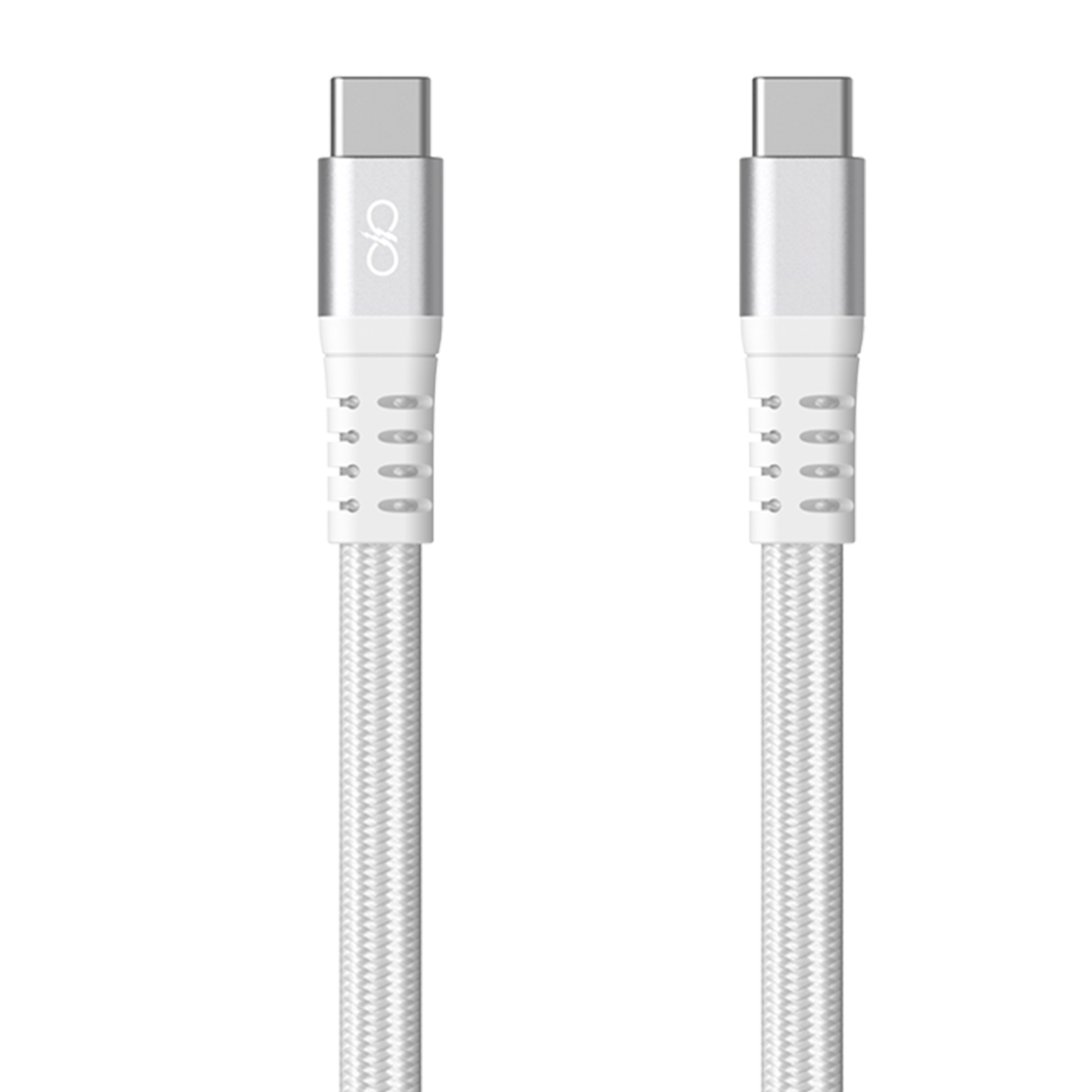 Dos cables USB-C blancos con conectores plateados y cordones trenzados sobre fondo blanco.