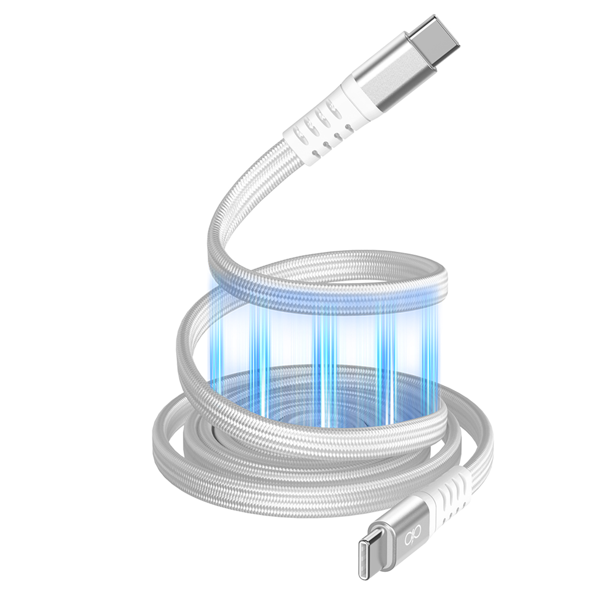Cable USB-C blanco con conectores plateados, enrollado con efectos de energía azul.