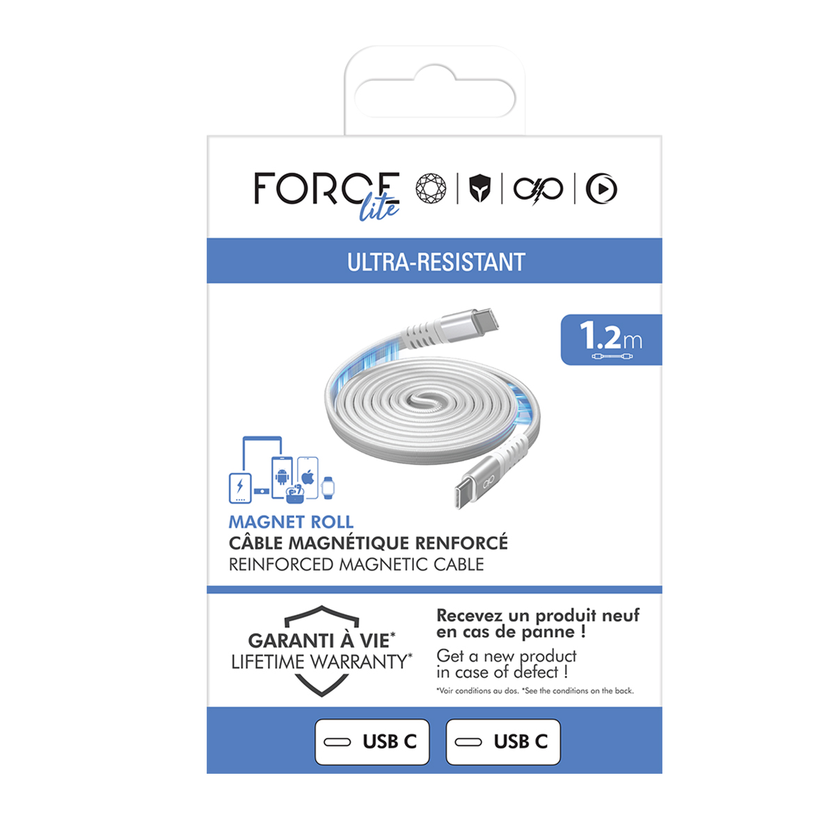 Embalaje de un cable magnético reforzado blanco de 1,2 m con conectores USB-C.