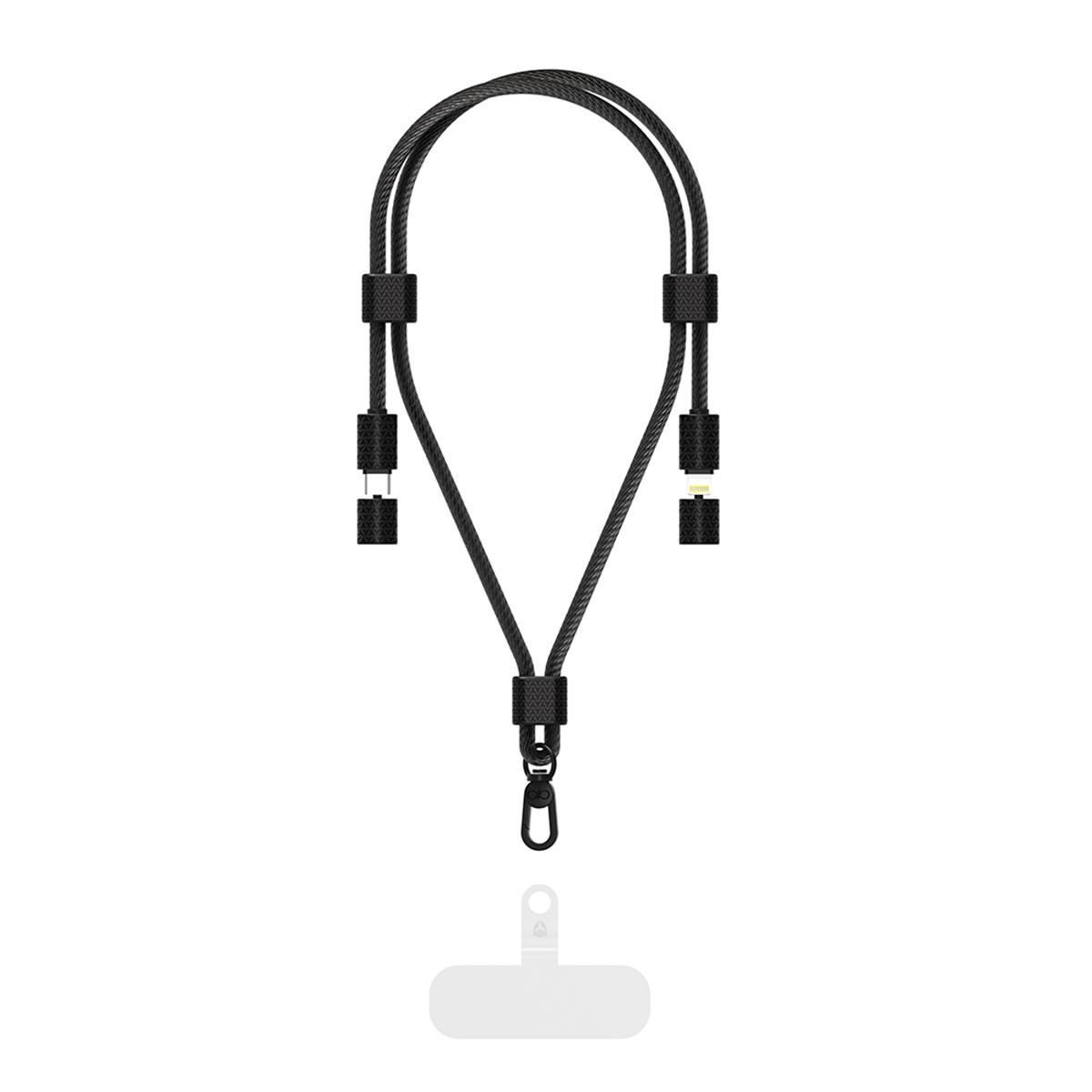 Cable de carga negro con mosquetón y varios conectores, sobre fondo blanco.