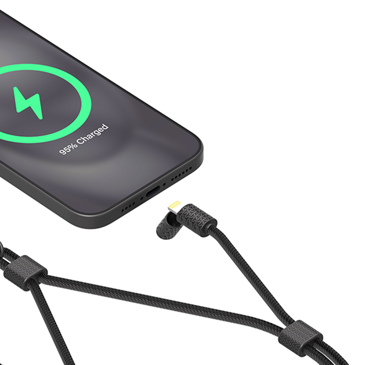 Un smartphone se está cargando con un cable. 95% cargado.