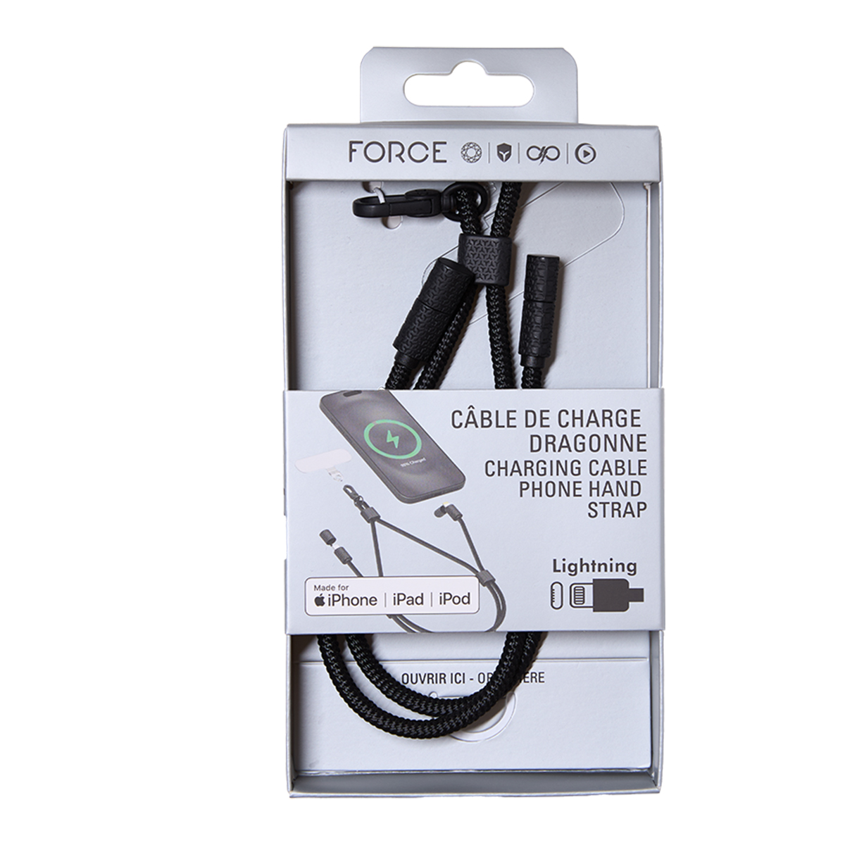 Embalaje de correa de mano para cable de carga negro con conector Lightning.